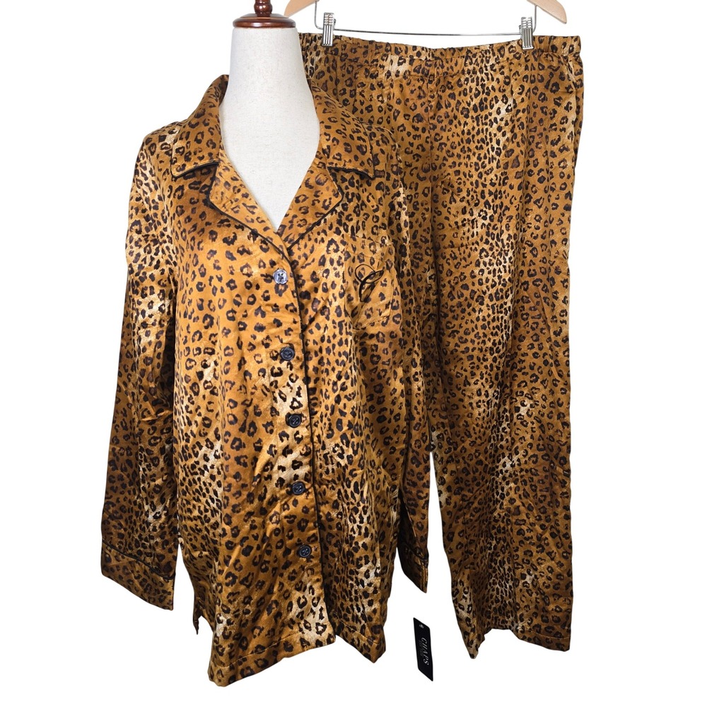 Chaps Womens XXL Satin Leopard Print Pajama Set 2pc Button Front Top Pants NWT